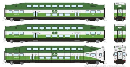 Rapido Trains 146041  HO BiLevel Commuter Car: GO Transit/MX: Set #2 (Cab: 212 Coaches: 2846 2857)