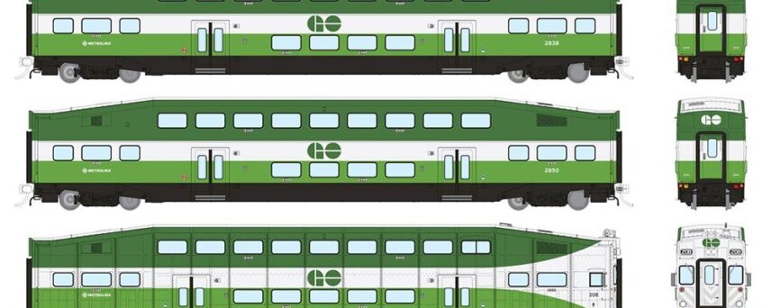 Rapido Trains 146041  HO BiLevel Commuter Car: GO Transit/MX: Set #2 (Cab: 212 Coaches: 2846 2857)