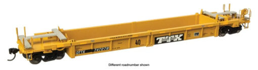 WalthersMainline 8439  HO Thrall Rebuilt 40' Well Car, TTX DTTX #747414  - large black & white TTX logo w/yellow conspicuity stripes