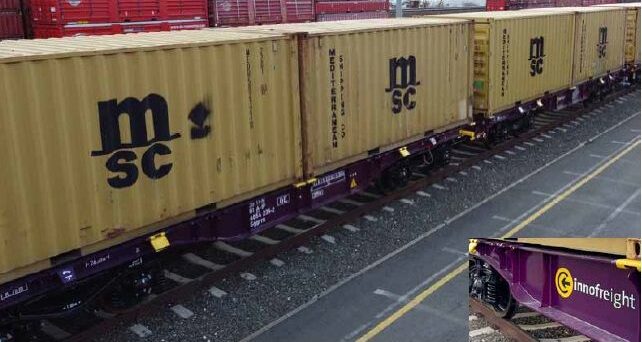 B-Models 90.501  HO Purple innofreight car  loaded with 4 yellow 20ft containers MSC