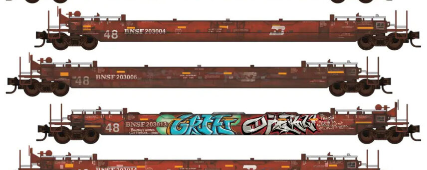 Micro Trains 98302258  N Burlington Northern Santa FE weathered 48' Husky Stack Well Cars