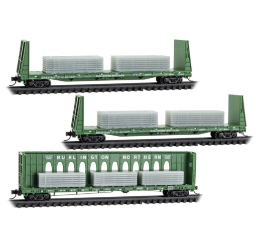 Micro Trains 98302261  N 3-Pack Bulkhead Flat Car with Metal Load, Burlington Northern #621607, 621608, 624676