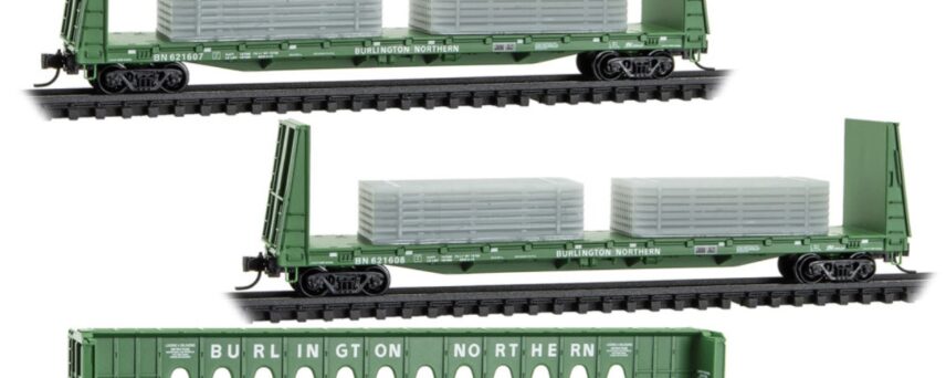 Micro Trains 98302261  N 3-Pack Bulkhead Flat Car with Metal Load, Burlington Northern #621607, 621608, 624676
